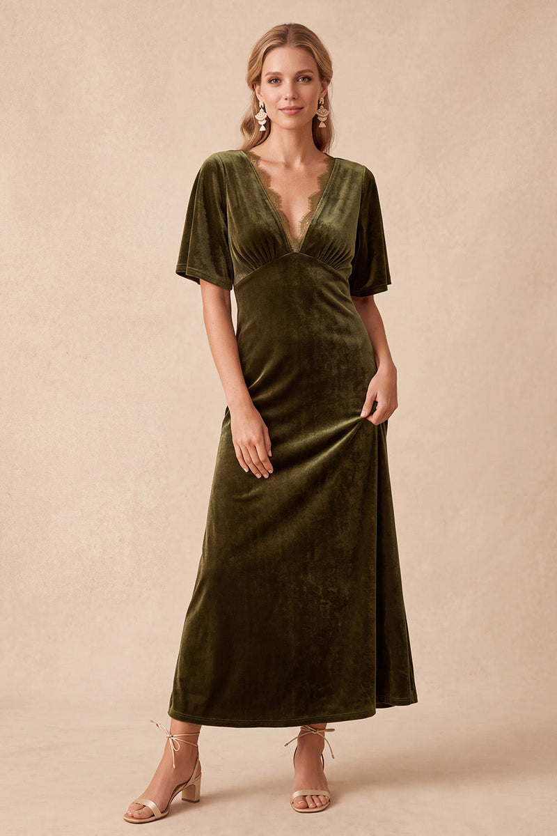 Load image into Gallery viewer, Olive A Line V-Neck Half Sleeves Velvet Long Wedding Guest Dress with Lace