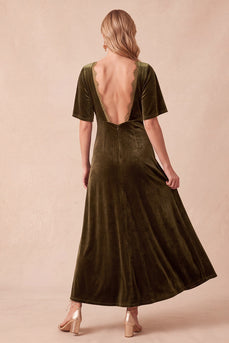 Olive A Line V-Neck Half Sleeves Velvet Long Wedding Guest Dress with Lace