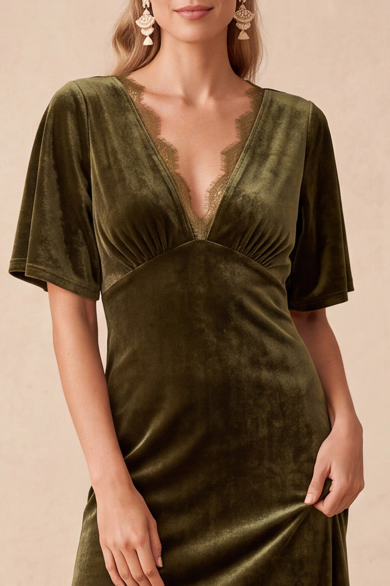 Load image into Gallery viewer, Olive A Line V-Neck Half Sleeves Velvet Long Wedding Guest Dress with Lace