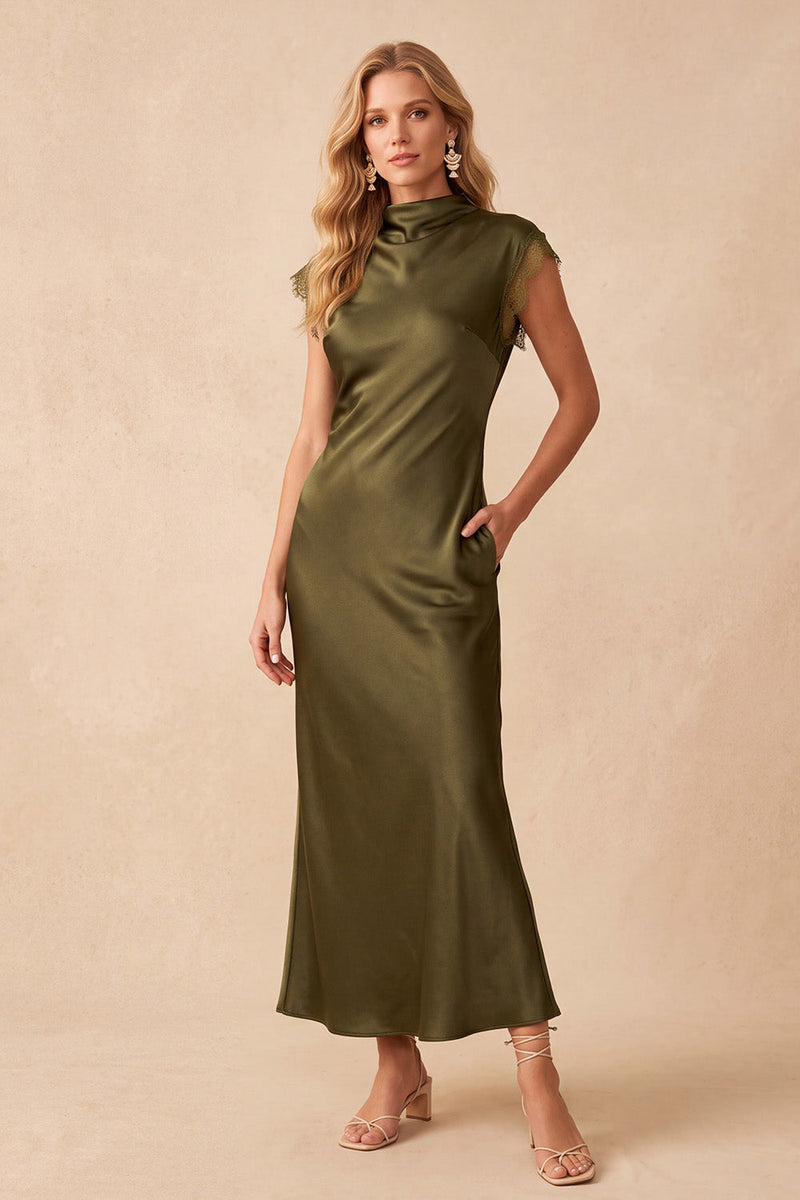 Load image into Gallery viewer, Sheath Olive High Neck Satin Long Formal Dress with Pockets