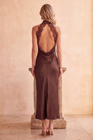 Load image into Gallery viewer, Coffee High Neck Satin Sheath Long Formal Dress with Keyhole