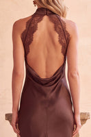 Load image into Gallery viewer, Coffee High Neck Satin Sheath Long Formal Dress with Keyhole