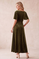 Load image into Gallery viewer, Velvet Olive A-Line Half Sleeves V-Neck Long Wedding Guest Dress with Pockets