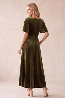 Velvet Olive A-Line Half Sleeves V-Neck Long Wedding Guest Dress with Pockets