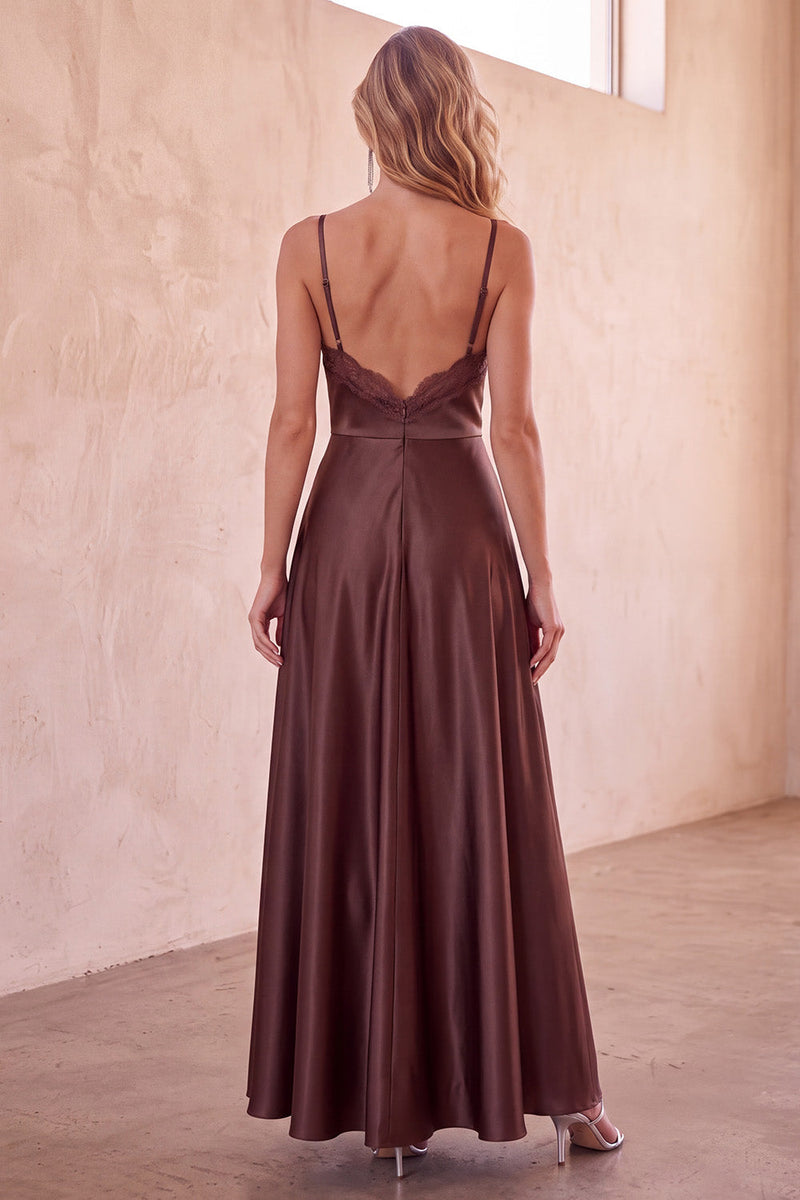 Load image into Gallery viewer, Dusty Blue Spaghetti Straps Satin A-Line Long Wedding Guest Dress with Lace