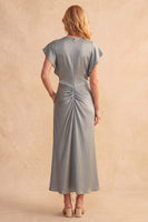 Load image into Gallery viewer, Dusty Blue Round Neck Sheath Satin Long Wedding Guest Dress with Keyhole