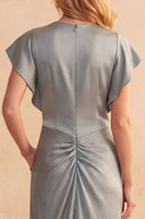 Load image into Gallery viewer, Dusty Blue Round Neck Sheath Satin Long Wedding Guest Dress with Keyhole