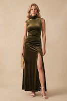 Load image into Gallery viewer, Ruched Olive Sheath Velvet High Neck Long Formal Dress with Slit