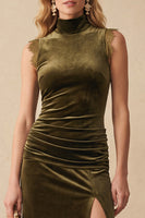Load image into Gallery viewer, Ruched Olive Sheath Velvet High Neck Long Formal Dress with Slit
