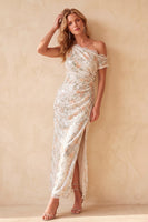 Load image into Gallery viewer, Sparkly Ivory Sheath Floral One Shoulder Ruched Sequin Long Formal Dress with Slit