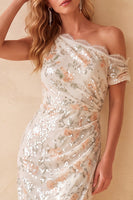 Load image into Gallery viewer, Sparkly Ivory Sheath Floral One Shoulder Ruched Sequin Long Formal Dress with Slit