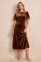 Load image into Gallery viewer, Velvet Coffee Short Sleeves Round Neck A Line Midi Wedding Guest Dress with Lace