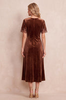 Load image into Gallery viewer, Velvet Coffee Short Sleeves Round Neck A Line Midi Wedding Guest Dress with Lace