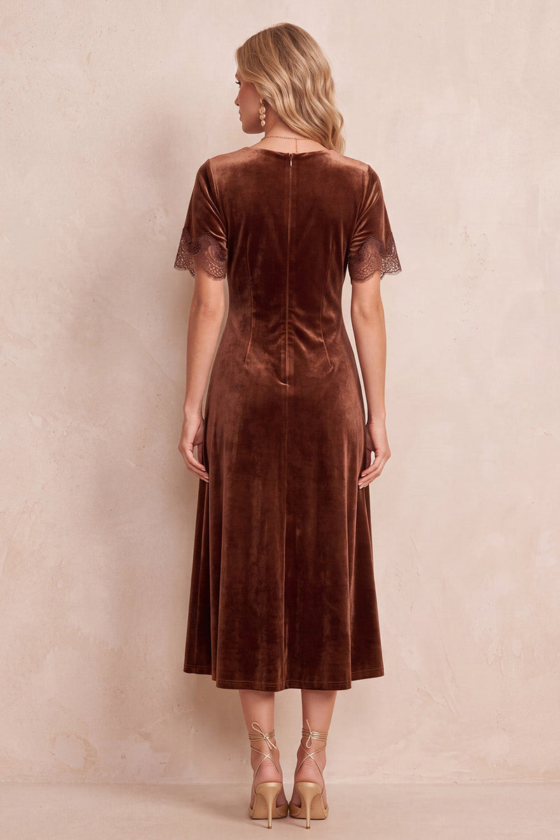 Load image into Gallery viewer, Velvet Coffee Short Sleeves Round Neck A Line Midi Wedding Guest Dress with Lace