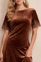 Load image into Gallery viewer, Velvet Coffee Short Sleeves Round Neck A Line Midi Wedding Guest Dress with Lace