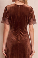 Load image into Gallery viewer, Velvet Coffee Short Sleeves Round Neck A Line Midi Wedding Guest Dress with Lace