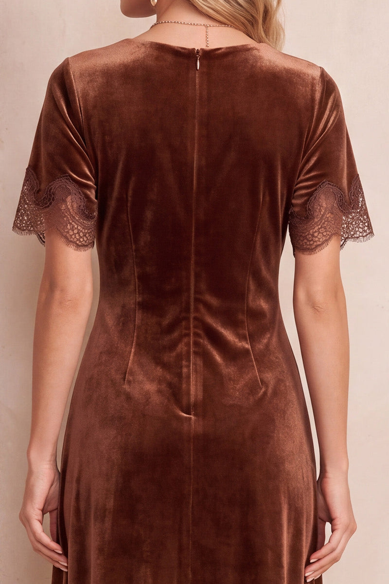 Load image into Gallery viewer, Velvet Coffee Short Sleeves Round Neck A Line Midi Wedding Guest Dress with Lace