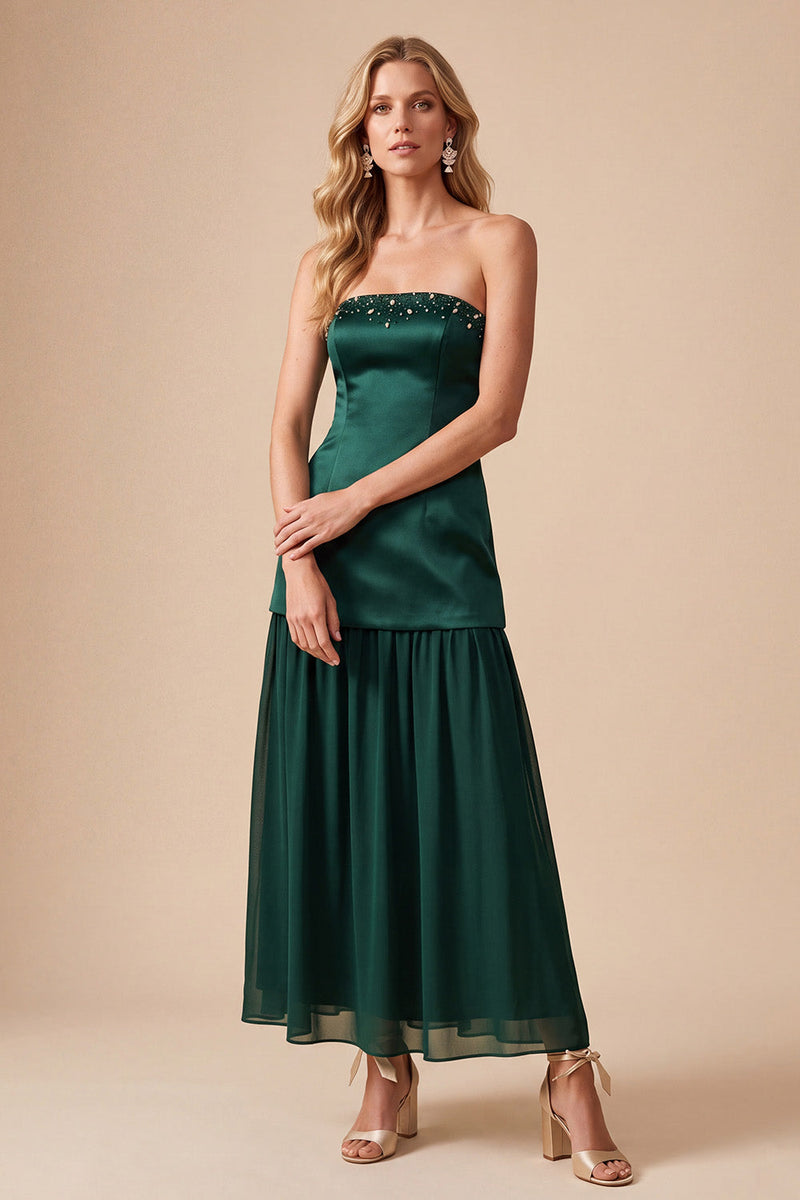 Load image into Gallery viewer, Dark Green A Line Strapless Long Formal Dress with Beading