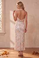Load image into Gallery viewer, Sparkly Ivory Sequin Floral Halter Sheath Long Formal Dress with Lace
