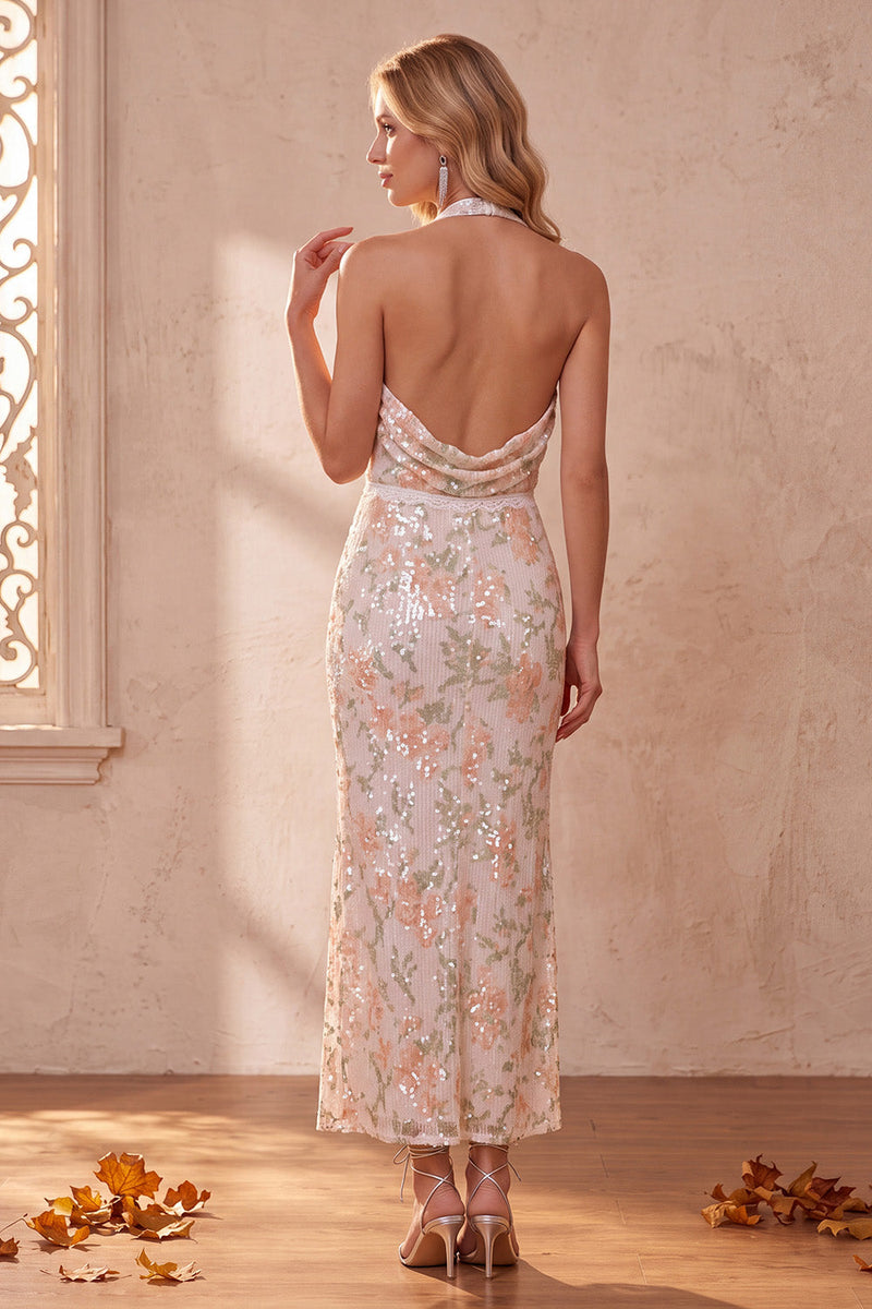 Load image into Gallery viewer, Sparkly Ivory Sequin Floral Halter Sheath Long Formal Dress with Lace