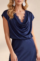 Load image into Gallery viewer, Navy A Line Cowl Neck Satin Cap Sleeves Long Formal Dress with Lace