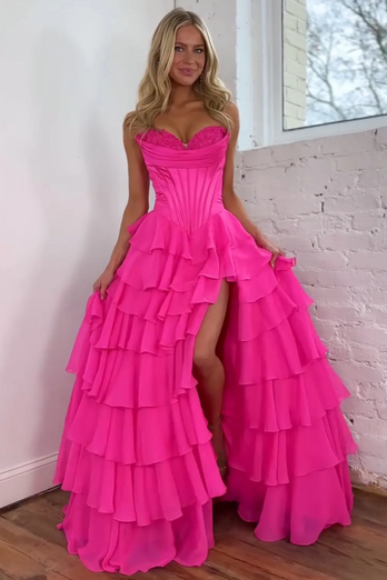 Strapless A Line Blue Tiered Corset Chiffon Long Prom Dress