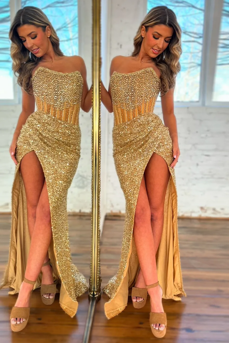 Load image into Gallery viewer, Sparkly Strapless Gold Mermaid Long Prom Dress with Slit