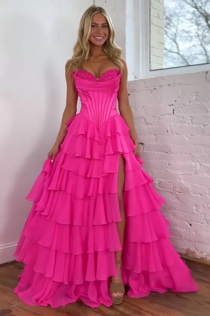 Load image into Gallery viewer, Strapless A Line Blue Tiered Corset Chiffon Long Prom Dress