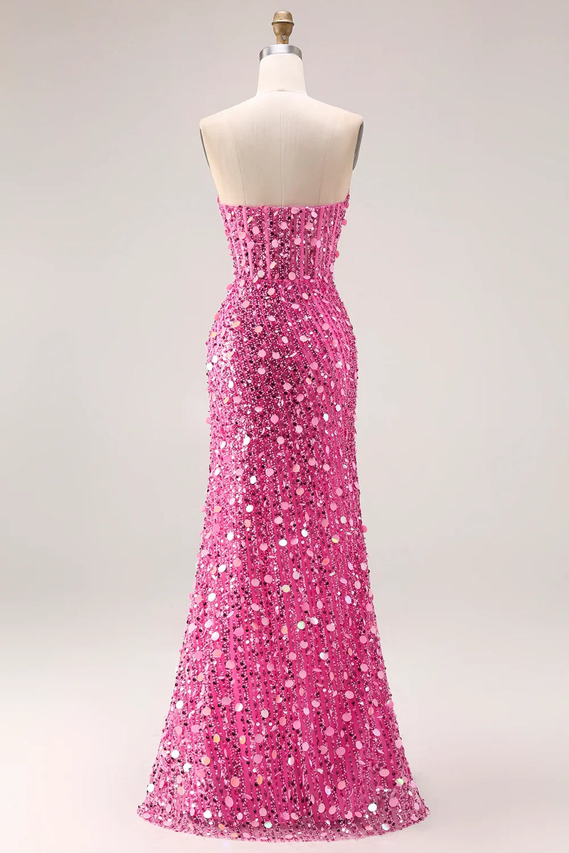 Load image into Gallery viewer, Sparkly Red Strapless Corset Long Sequin Prom Dress with Slit