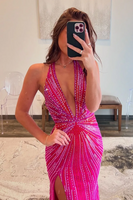 Load image into Gallery viewer, Glitter Fuchsia Halter Neck Beaded Mermaid Long Prom Dress with Slit