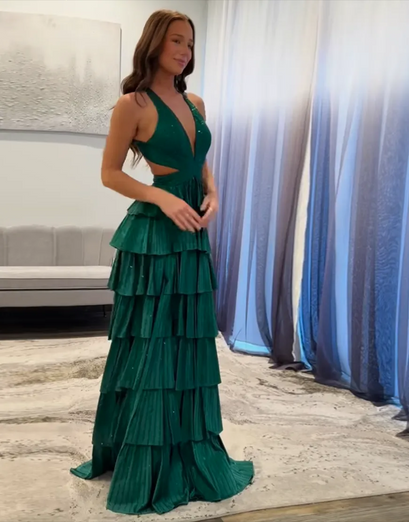 Sparkly Fuchsia Beaded A Line Tiered Long Prom Dress with Slit