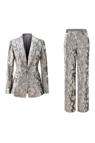 Sparkly 2 Piece Grey Peak Lapel Floral Women Prom Suits with Sequins