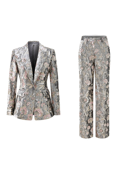 Sparkly 2 Piece Grey Peak Lapel Floral Women Prom Suits with Sequins