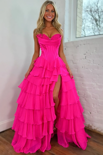 Strapless A Line Blue Tiered Corset Chiffon Long Prom Dress