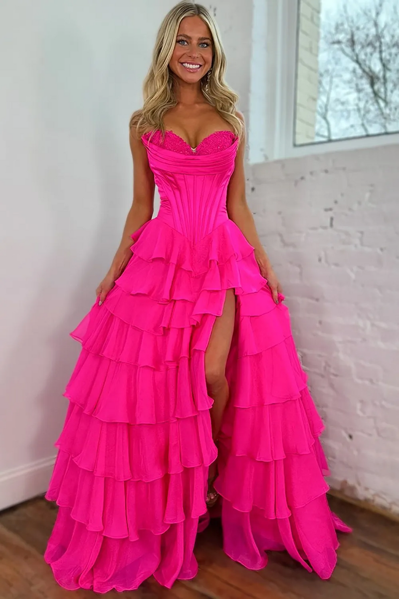 Load image into Gallery viewer, Strapless A Line Blue Tiered Corset Chiffon Long Prom Dress