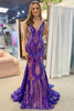 Load image into Gallery viewer, Dark Purple Mermaid V Neck Sequins Long Prom Dress