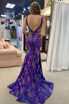 Dark Purple Mermaid V Neck Sequins Long Prom Dress