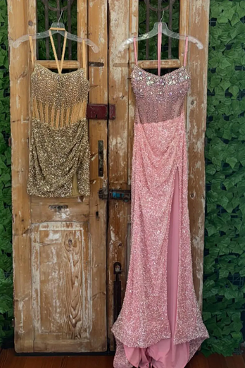 Sparkly Strapless Gold Mermaid Long Prom Dress with Slit