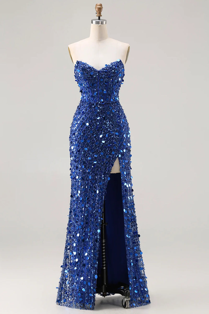 Load image into Gallery viewer, Sparkly Red Strapless Corset Long Sequin Prom Dress with Slit