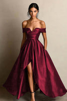 Load image into Gallery viewer, Black A Line Satin Off the Shoulder Maxi Formal Dress with Slit