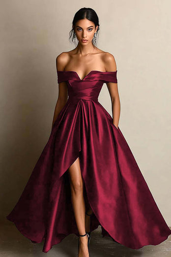 Black A Line Satin Off the Shoulder Maxi Formal Dress with Slit
