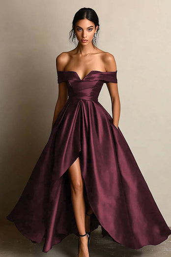 Black A Line Satin Off the Shoulder Maxi Formal Dress with Slit