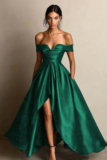 Black A Line Satin Off the Shoulder Maxi Formal Dress with Slit