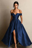 Load image into Gallery viewer, Black A Line Satin Off the Shoulder Maxi Formal Dress with Slit