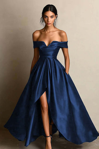Black A Line Satin Off the Shoulder Maxi Formal Dress with Slit