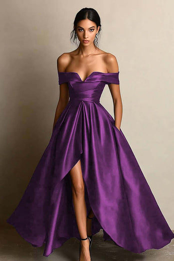 Black A Line Satin Off the Shoulder Maxi Formal Dress with Slit