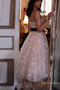 A-Line Spaghetti Strap Tea Length Pearl Pink Tulle Prom Homecoming Dress