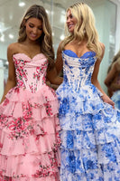 Load image into Gallery viewer, White Blue Flower Tiered Corset Strapless Long Chiffon Prom Dress