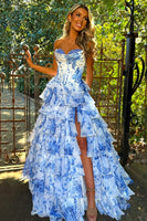 Load image into Gallery viewer, White Blue Flower Tiered Corset Strapless Long Chiffon Prom Dress