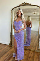 Load image into Gallery viewer, Sparkly Mermaid Spaghetti Straps Sequins Prom Dress with Slit